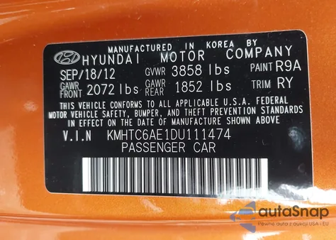 2013 Hyundai Veloster Turbo W/Black из США, поврежденный, VIN KMHTC6AE1DU111474